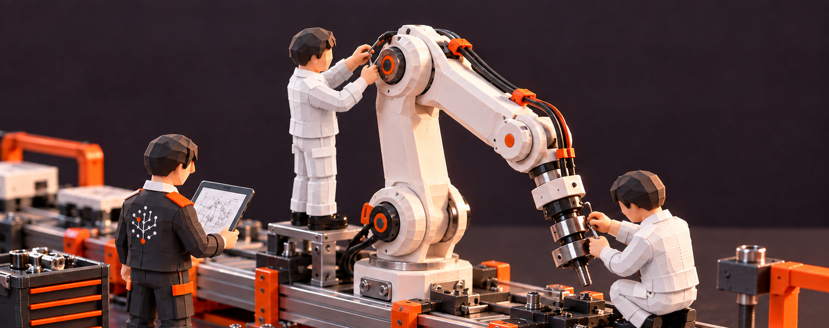 Une équipe d'ingénieurs améliore un bras robotisé dans un atelier.